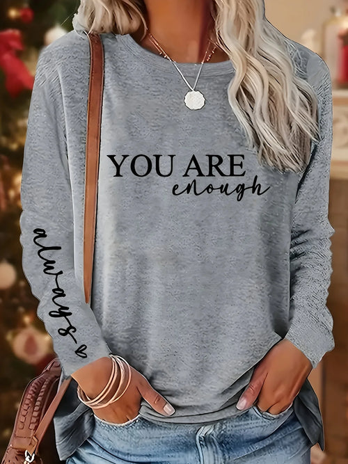 Camiseta holgada informal de algodón 100% para primavera y otoño para mujer, camiseta de manga larga con cuello redondo y estampado.