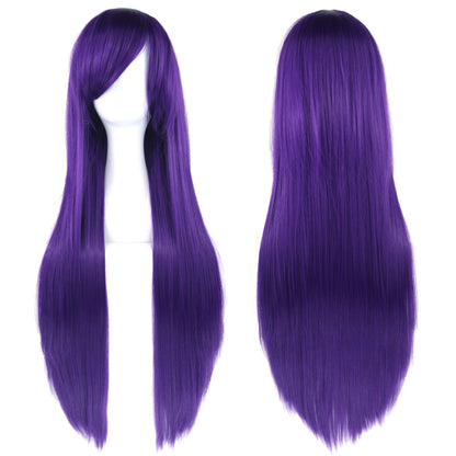 Soowee 80cm Synthetic Hair Wigs, White and Purple Cosplay Wigs, Black Straight Hair Wig for Party, Women's Wig.