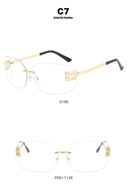 Gafas sin montura de lujo de Metal Funky para mujer, gafas clásicas con remaches de diseñador de marca, gafas de curvas con gradiente rectangular para mujer
