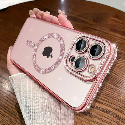 Funda de película de lente de cristal ostentoso de lujo para iPhone 15 16 11 12 13 14 Pro Max 16 Plus Magsafe cubierta transparente de carga inalámbrica magnética