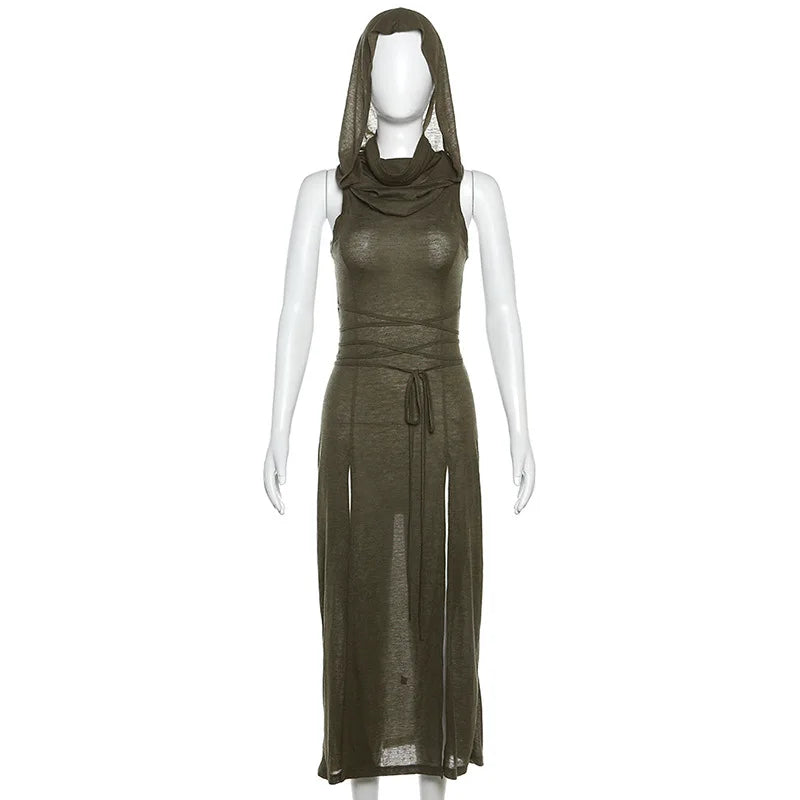 Verano Sexy estilo europeo y americano sin mangas vestido con capucha largo dividido ahueca hacia fuera el vestido de las mujeres de Color puro