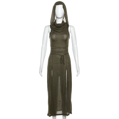 Verano Sexy estilo europeo y americano sin mangas vestido con capucha largo dividido ahueca hacia fuera el vestido de las mujeres de Color puro
