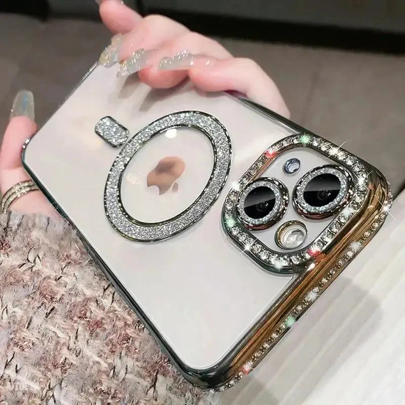 Funda de película de lente de cristal ostentoso de lujo para iPhone 15 16 11 12 13 14 Pro Max 16 Plus Magsafe cubierta transparente de carga inalámbrica magnética