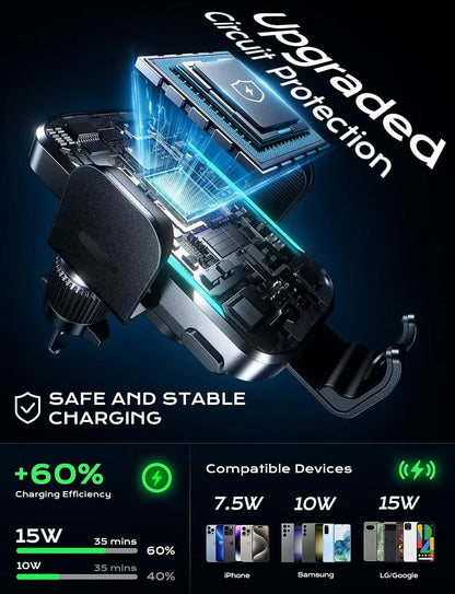 UYUXIO Automatic Clamping Wireless Car Charger Adapter, Super Fast Charging Air Vent Car Phone Mount for iPhone 16 15 Pro Max Samsung