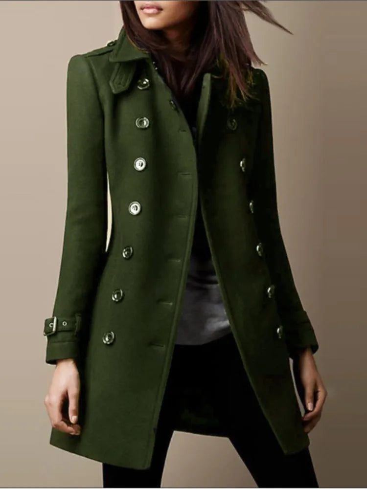 Chaquetas de lana de invierno para mujer, abrigo superior con solapa y doble botonadura, abrigo liso ajustado y elegante para mujer.