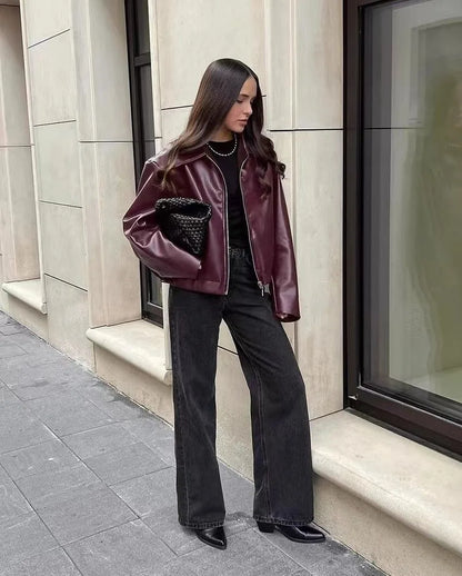 Otoño Invierno chaqueta de cuero Retro 2026 nueva chaqueta de cuero Pu para mujer solapa corta motocicleta abrigo suelto mujer abrigo de cuero de motorista