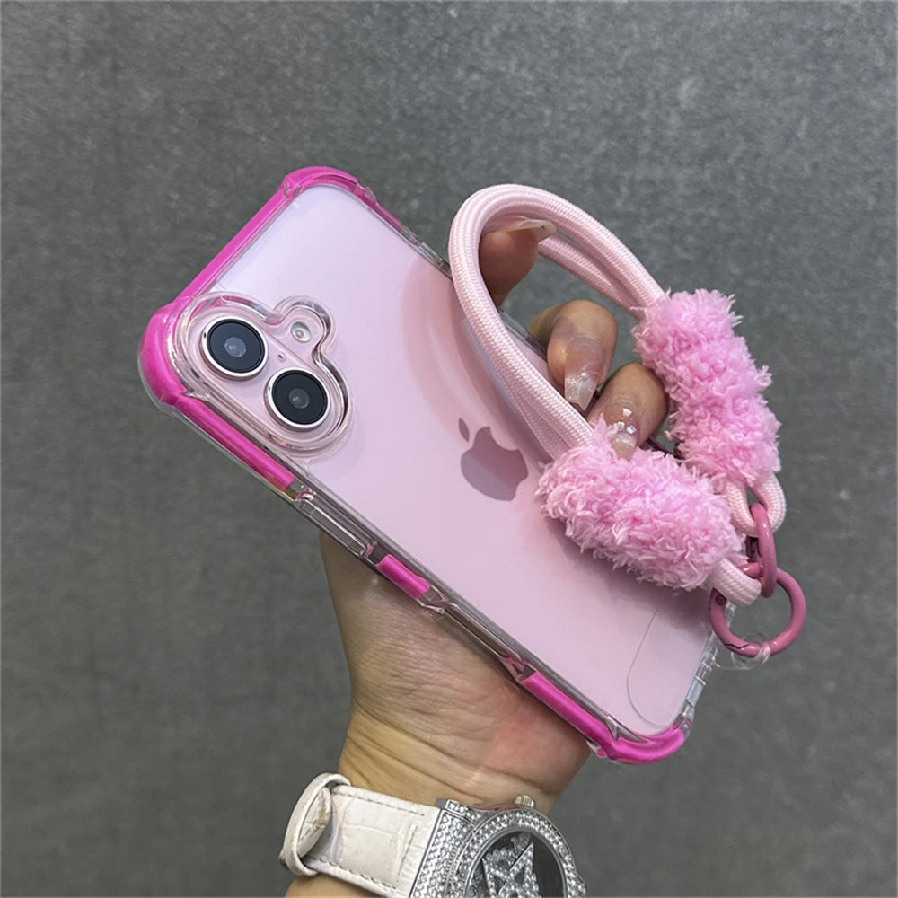 Armadura de parachoques híbrida transparente con correa para la muñeca para iPhone 15 11 12 13 14 16 Pro Max Plus X XS XR cubierta de bolsa de aire a prueba de golpes.