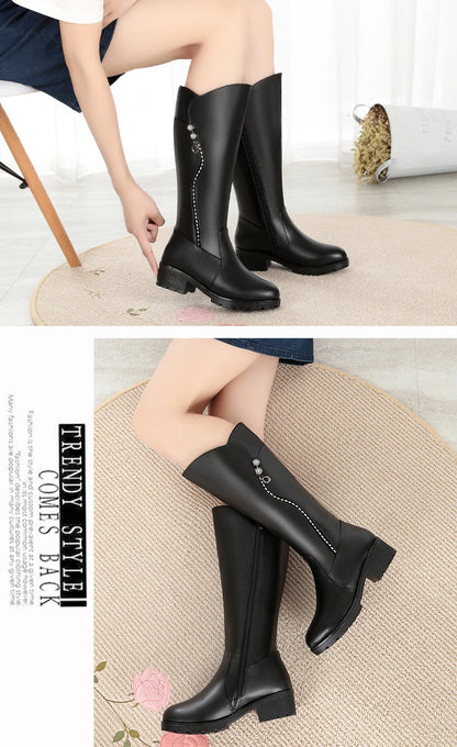 WOIZGIC Women's Genuine Leather Boots, Wool Platform Snow Boots, Plush Fur Warm Winter Mid-heel Zipper, Sizes 35-43