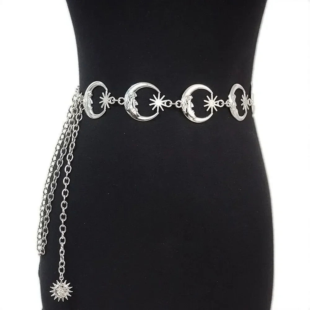 Cinturón de cadena dorada para mujer, cinturones de Metal con forma de luna y sol, pretina para vestido Punk, accesorio vaquero gótico, Ketting Riem largo.