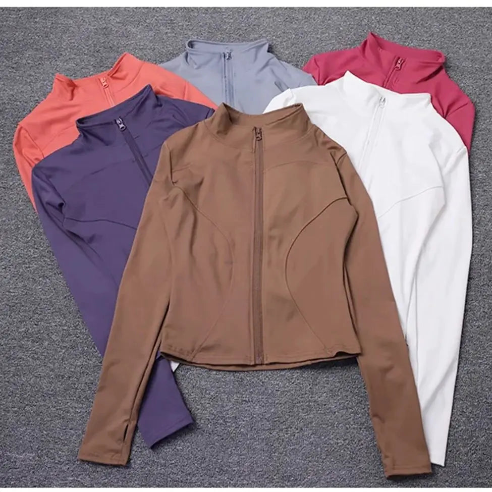 Women's Zippered Sports Jacket, Long Sleeve Slim Running Fitness Top, Quick Dry Plain Yoga Coat, Simple Casual Wear