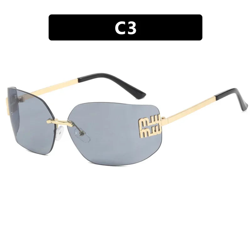 Gafas sin montura de lujo de Metal Funky para mujer, gafas clásicas con remaches de diseñador de marca, gafas de curvas con gradiente rectangular para mujer