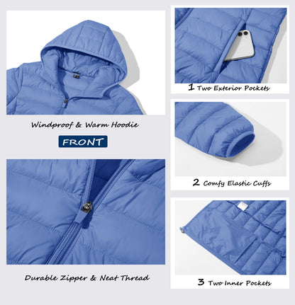 TACVASEN Chaqueta acolchada con capucha y cremallera completa para mujer, abrigos cálidos acolchados de invierno, cortavientos informal, prendas de vestir ligeras acolchadas para exteriores