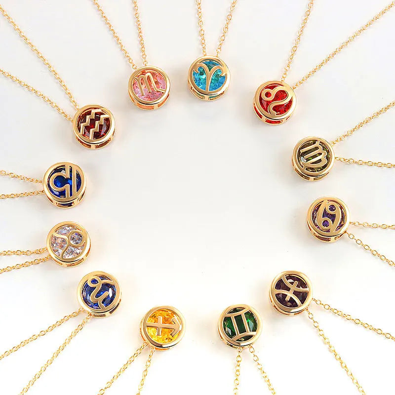 Retro Double-Sided Hollow 12 Constellation Pendant Necklaces for Women, Crystal Rhinestone Birthstone Zodiac Sign Choker