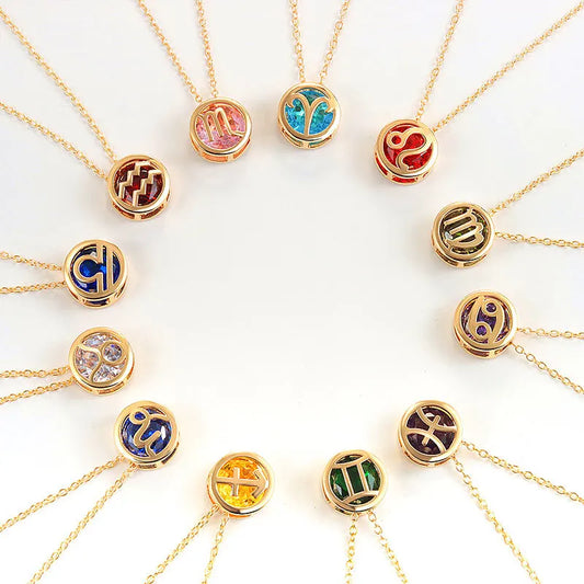Retro Double-Sided Hollow 12 Constellation Pendant Necklaces for Women, Crystal Rhinestone Birthstone Zodiac Sign Choker