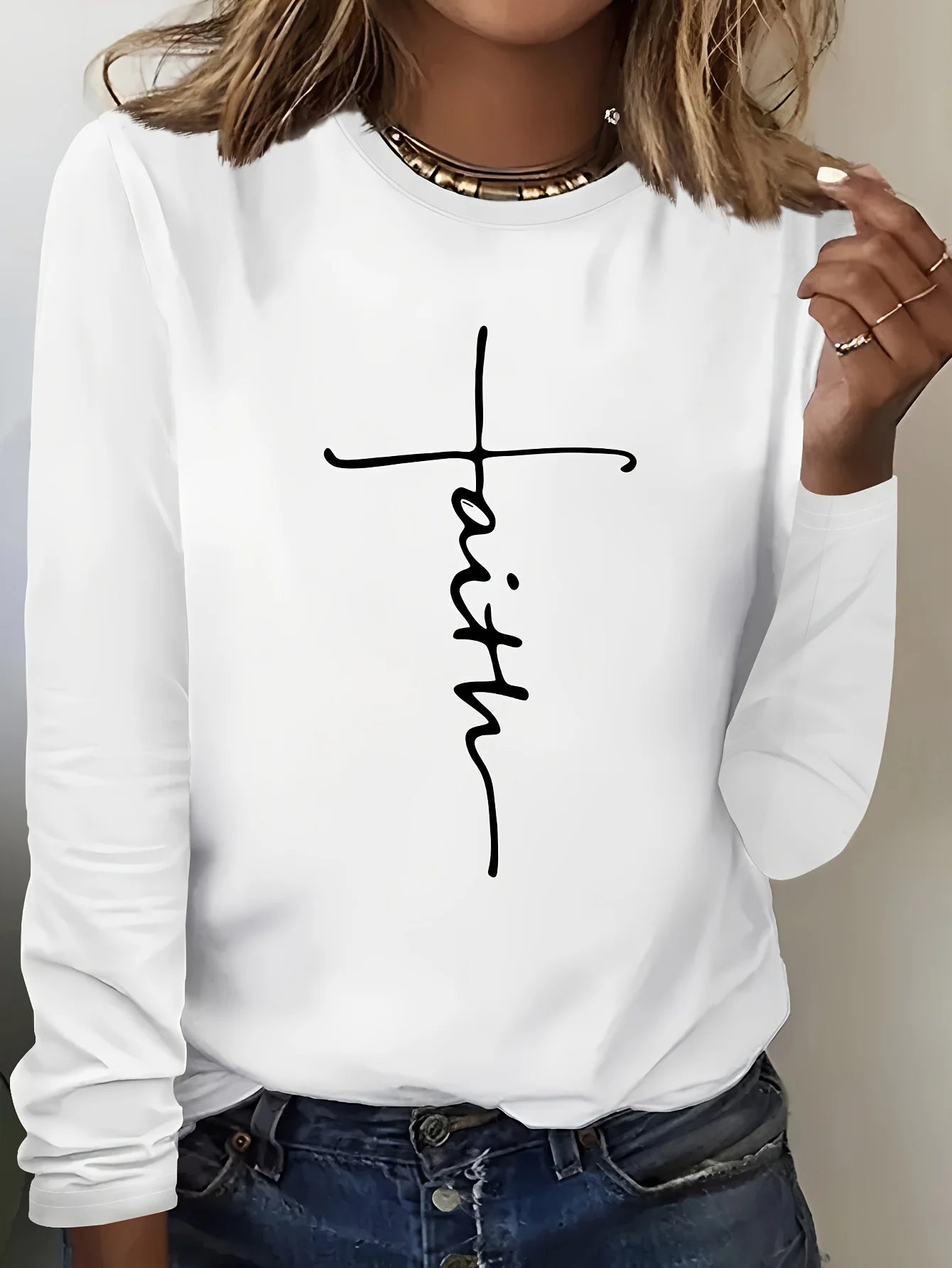 Camiseta holgada informal de algodón 100% para primavera y otoño para mujer, camiseta de manga larga con cuello redondo y estampado.