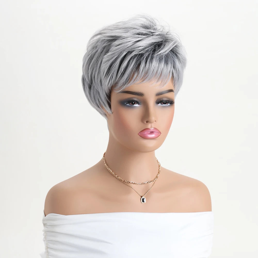 Short natural wigs with bangs, soft hair for mom, daily use, short gray ombre curly synthetic hair, costume party wig for women