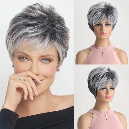 Short natural wigs with bangs, soft hair for mom, daily use, short gray ombre curly synthetic hair, costume party wig for women