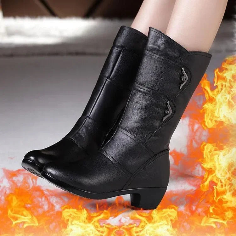 Botas de invierno para Mujer, Botas de nieve cálidas de felpa, Botas de tacón alto a media pantorrilla a la moda para Mujer, Botas de cuero de alta calidad para Mujer