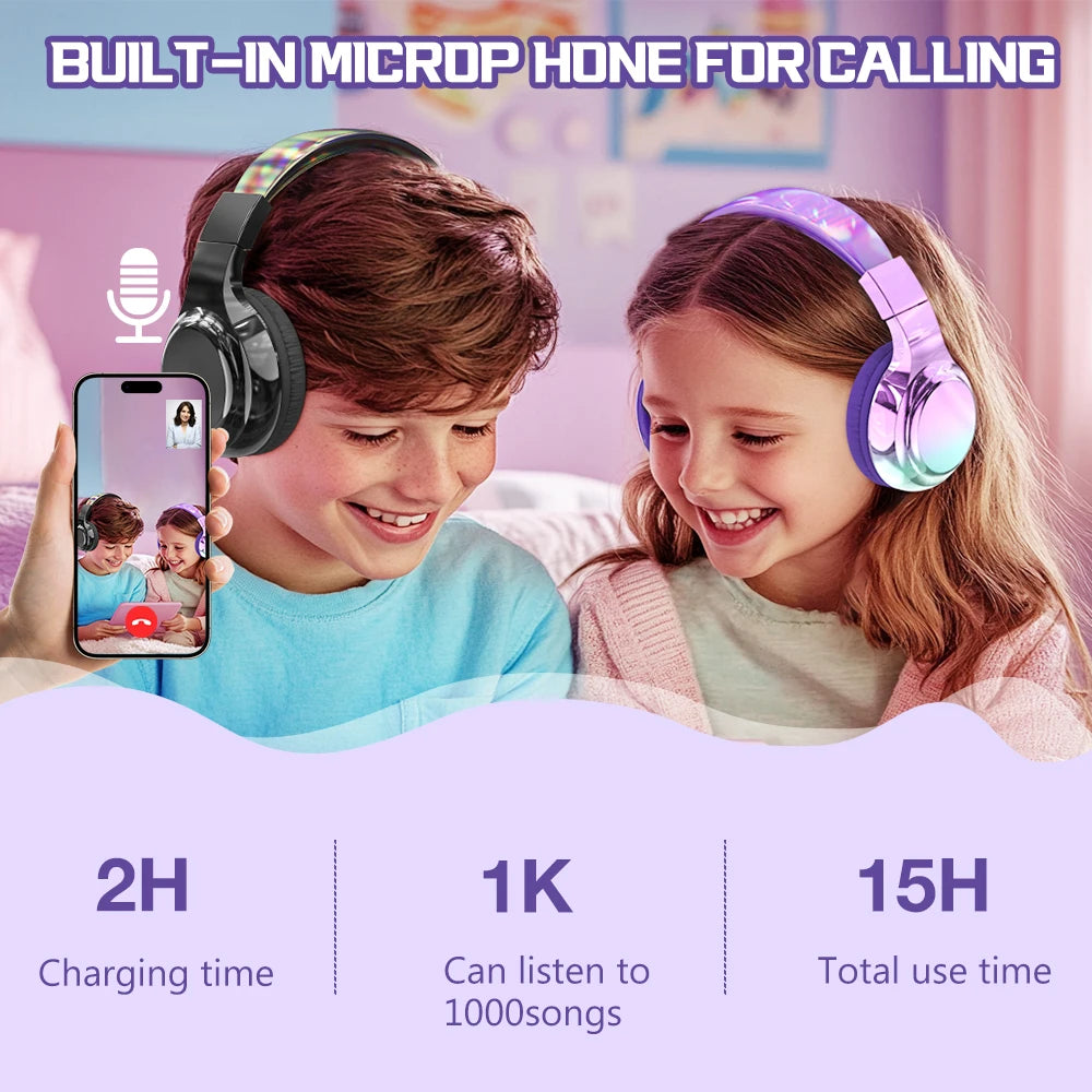 Kids Gradient Bluetooth Headphones, Wireless Over-Ear Headsets for Girls with Mic, Foldable Lightweight Headphones for School Travel