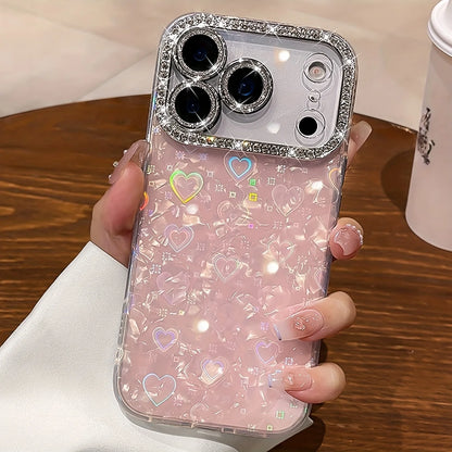 Funda de teléfono con patrón de carcasa láser de amor de cristal brillante elegante para iphone 17 Air 16 15 14 Plus 13 12 Pro Max cubierta de película de lente suave.