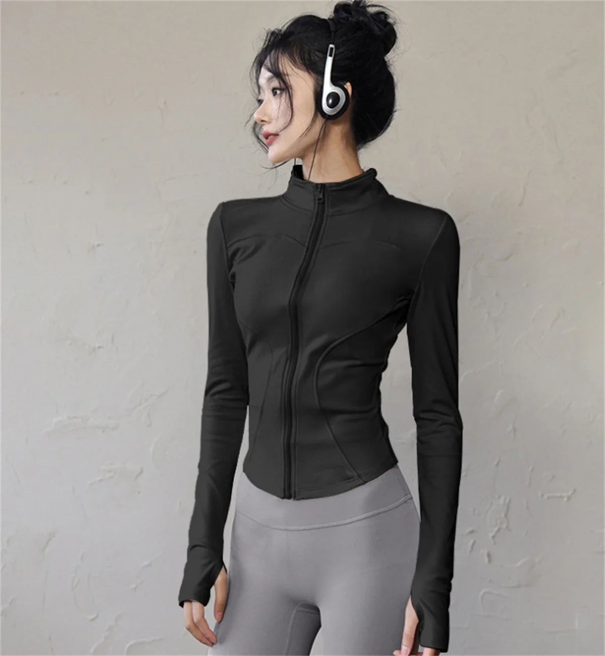 Women's Zippered Sports Jacket, Long Sleeve Slim Running Fitness Top, Quick Dry Plain Yoga Coat, Simple Casual Wear