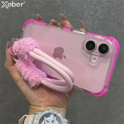 Armadura de parachoques híbrida transparente con correa para la muñeca para iPhone 15 11 12 13 14 16 Pro Max Plus X XS XR cubierta de bolsa de aire a prueba de golpes.