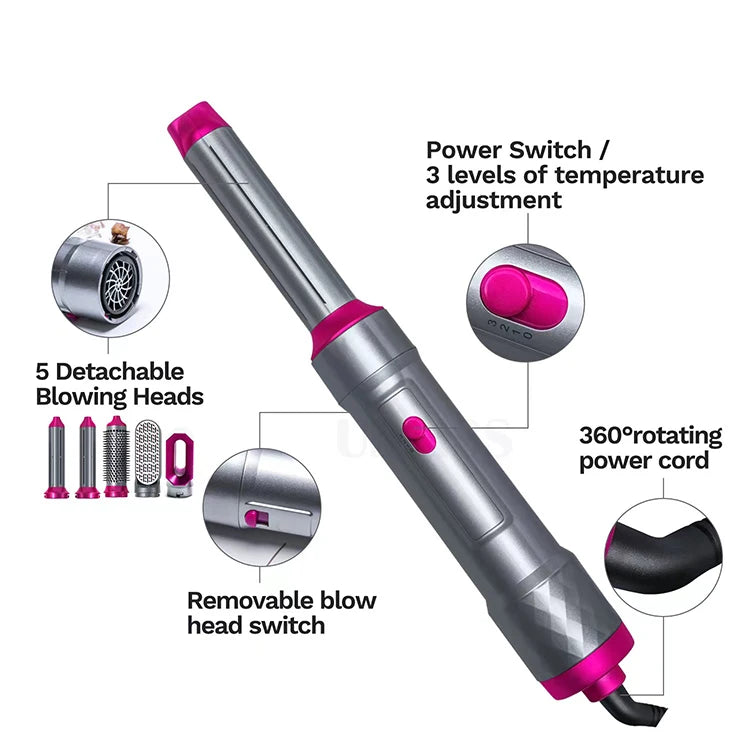 Secador de pelo 5 en 1, peine eléctrico para el cabello, cepillo rizador recto de iones negativos, secador de pelo, peine de aire, Kit de cepillo extraíble, herramienta.
