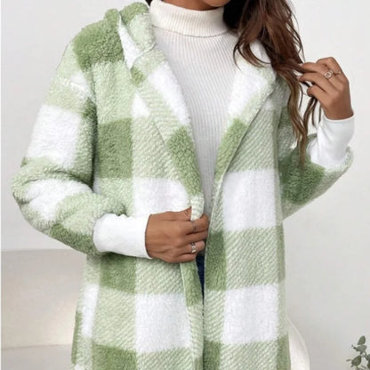 Cárdigan a cuadros de doble lana para mujer, chaqueta suave holgada de manga larga de felpa cálida con capucha, abrigo de retales para mujer, Otoño e Invierno