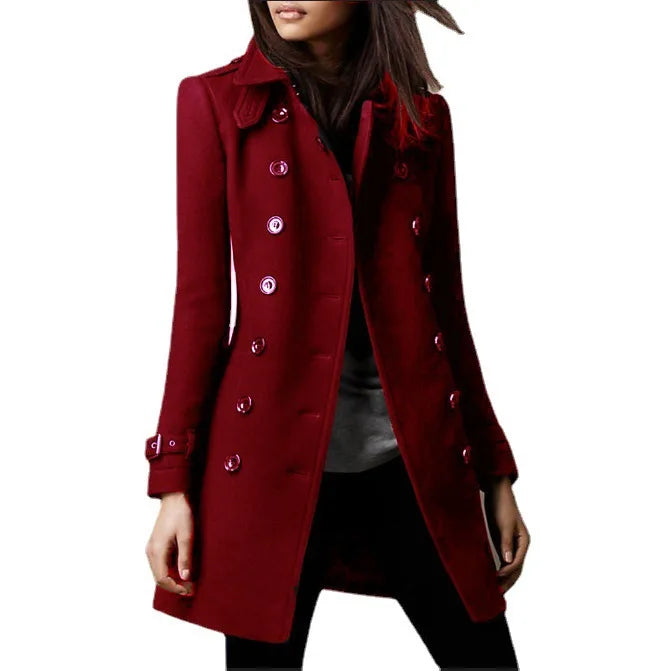 Chaquetas de lana de invierno para mujer, abrigo superior con solapa y doble botonadura, abrigo liso ajustado y elegante para mujer.