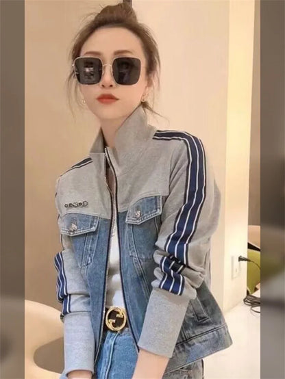 Otoño mujer cuello alto cremallera Denim abrigo coreano señoras Patchwork vaquero prendas de vestir 2025 mujer chaqueta vaquera de manga larga