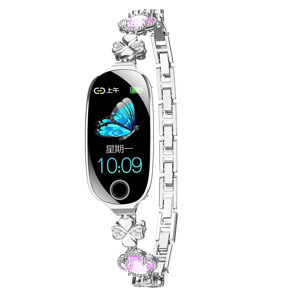 Reloj inteligente de moda para mujer con correa de caja de Metal llamadas Bluetooth recordatorio Menstrual femenino Monitor de presión arterial y frecuencia cardíaca