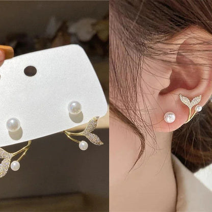 Pendientes coreanos de Metal en forma de corazón, pendientes colgantes en la espalda con perlas de cola de pez para mujeres y niñas, regalo de joyería elegante de cristal 2024