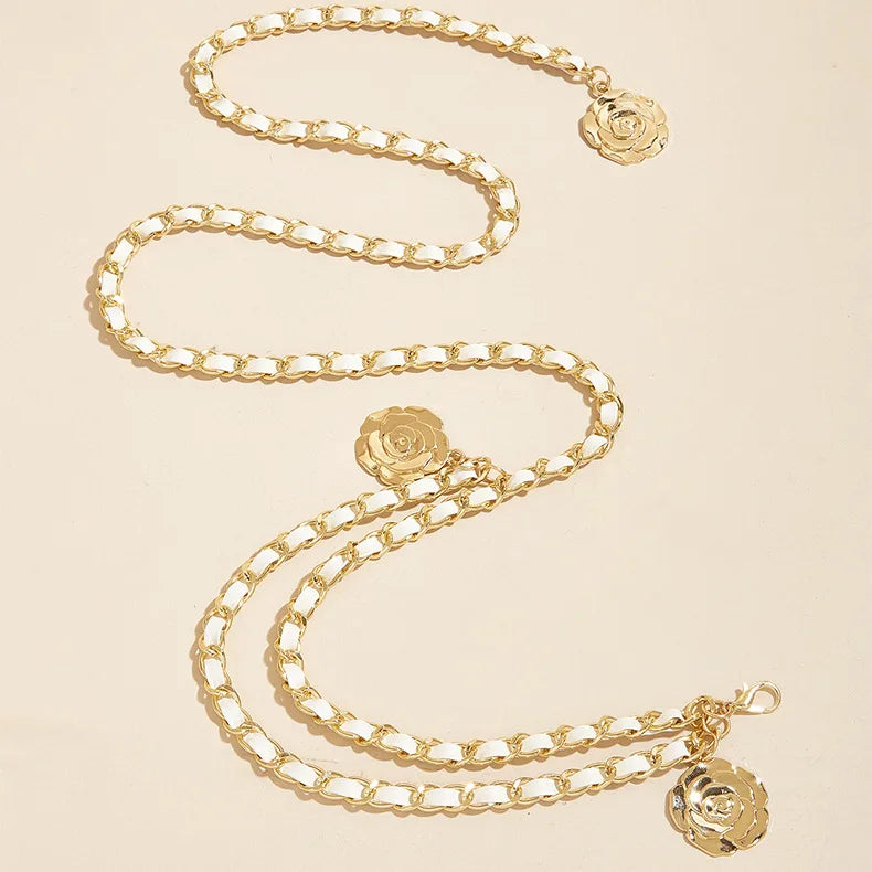 Cinturones de cadena de Metal de alta calidad para mujer, colgante de flor redonda, correa de cadena, cuerda, pretina fina para vestido, decoración de camisa.