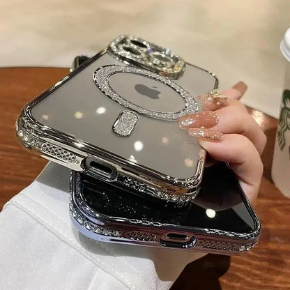 Funda de película de lente de cristal ostentoso de lujo para iPhone 15 16 11 12 13 14 Pro Max 16 Plus Magsafe cubierta transparente de carga inalámbrica magnética