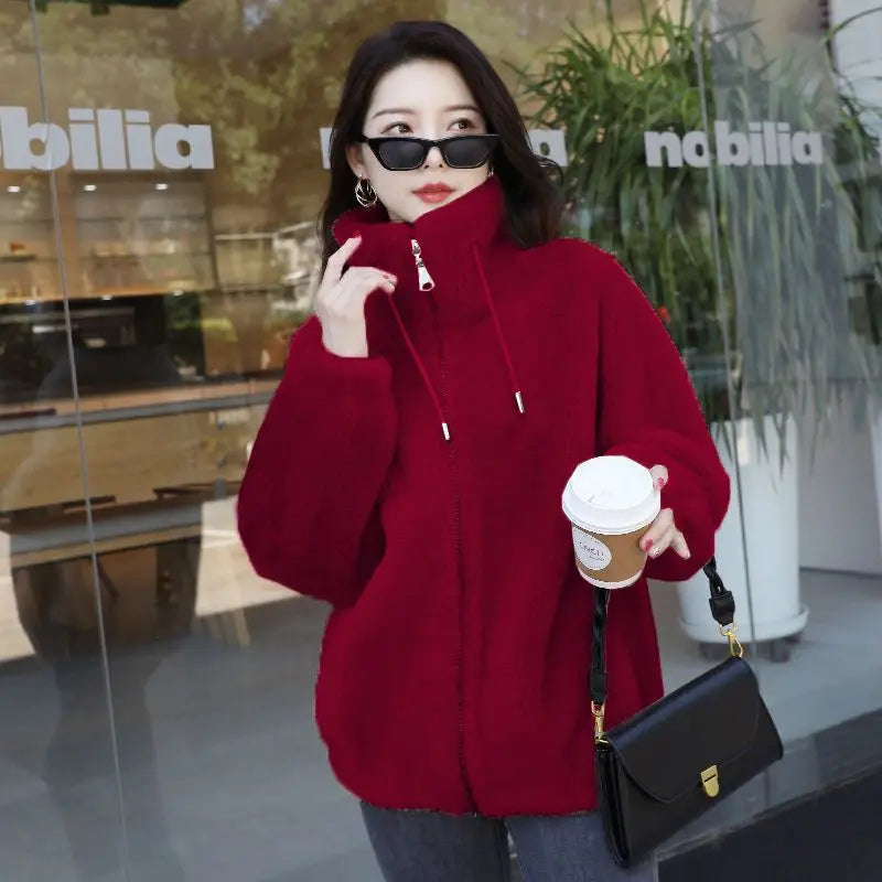 Abrigo cálido de lana Coral doble para mujer, abrigo grueso de felpa con cuello levantado, ropa informal de manga larga con cremallera a la moda para mujer