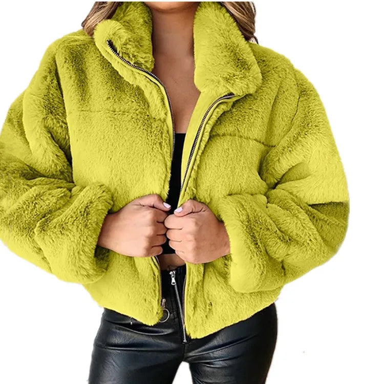 Women's warm winter jacket, zipper cardigan, faux fur, fashion, long sleeve, stand-up collar, plush coat for women