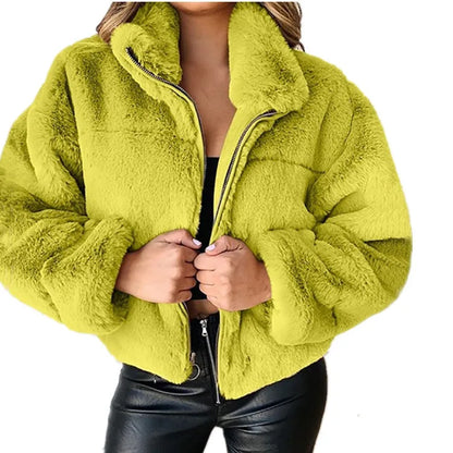 Women's warm winter jacket, zipper cardigan, faux fur, fashion, long sleeve, stand-up collar, plush coat for women