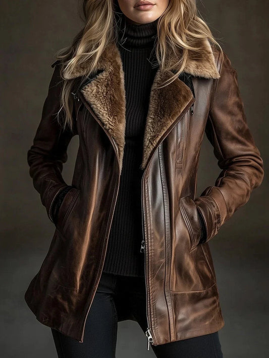 Women's Winter Faux Leather Jacket, Thick Warm Velvet Turtleneck Casual Coat.