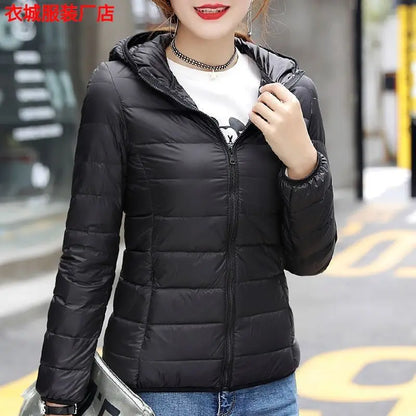 New Women's Hooded Down Jacket, Short, Thick, Warm, Casual, Lightweight, Korean Style, Simple Design