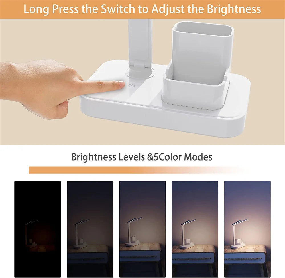 LED Desk Lamp, Dimmable Touch Folding Table Lamp with USB, Calendar, Temperature Clock, Night Light for Study, Reading Lamp
