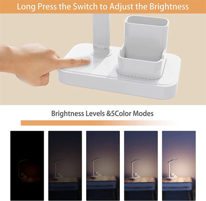 LED Desk Lamp, Dimmable Touch Folding Table Lamp with USB, Calendar, Temperature Clock, Night Light for Study, Reading Lamp