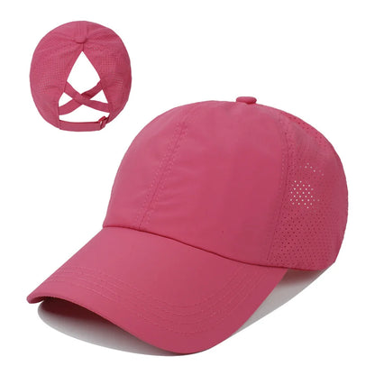 Gorra de béisbol de Color liso para mujer, sombrero de cola de caballo cruzada, malla de secado rápido, visera, Verano