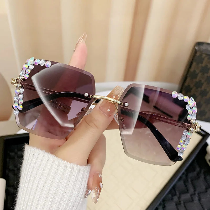 1 pair of trendy women's square rimless sunglasses with gradient lenses, crystal decoration, and metal material