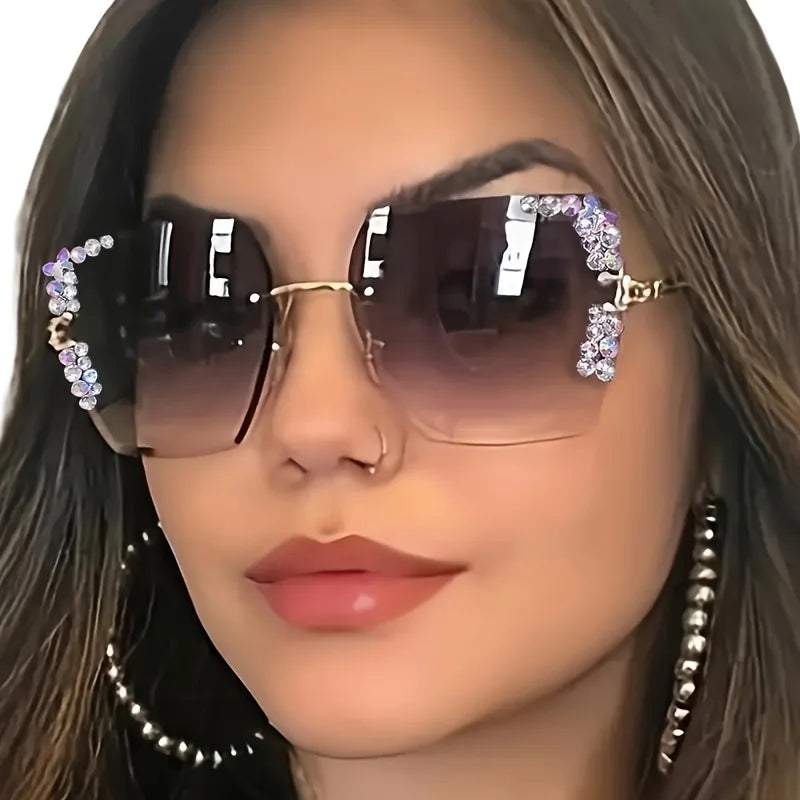 1 pair of trendy women's square rimless sunglasses with gradient lenses, crystal decoration, and metal material