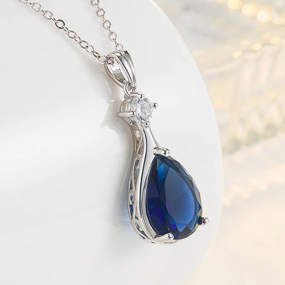 Collar de lujo para mujer, accesorios de joyería de plata 925, forma de gota de agua, colgante de piedras preciosas de circón de zafiro, regalo de fiesta de boda