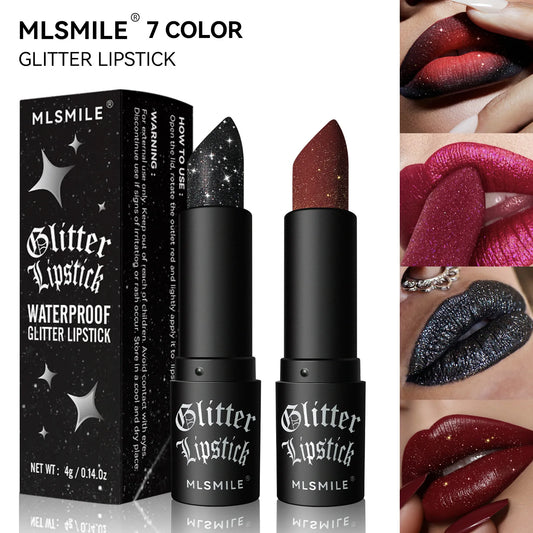 7 Colors Glitter Lipstick, Waterproof Long Lasting Pearlescent Diamond Metallic Black Lip Gloss, Women's Lip Makeup Cosmetic