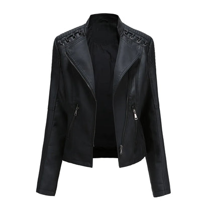 Chaqueta de cuero sintético para mujer, abrigo corto ajustado con cuello levantado y cremallera, ropa de calle para motorista, novedad de primavera y otoño.