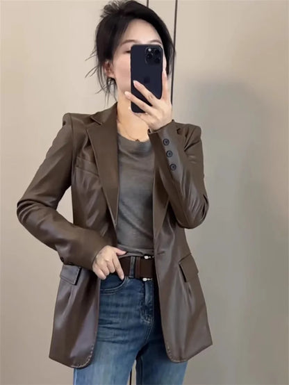 Chaqueta de cuero negro de gama alta para mujer, chaqueta de traje de cuero PU ajustada a la moda para primavera y otoño, ropa de motocicleta 2026